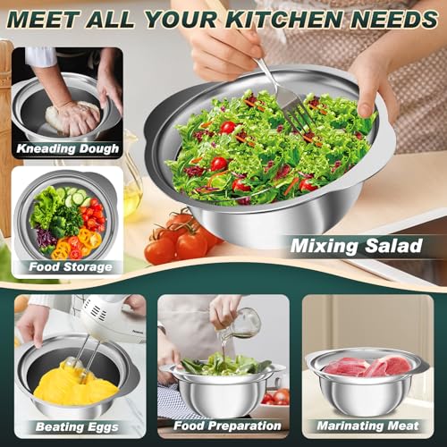 Stainless Steel Colanders with Mixing Bowl - 2.0QT & 2.0QT Strainer and Colander with Handle, 3.0QT Nesting Kitchen Bowl with Colander For Pasta, Vegetables, Fruit, Rice, 3PCS