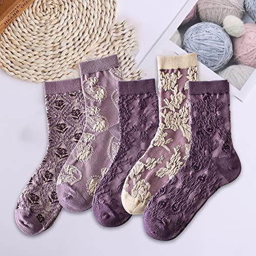 Image of 5 Pack Cute Womens Floral Socks, Vintage Embroidered Frilly Floral Ankle Cotton Cottagecore Socks