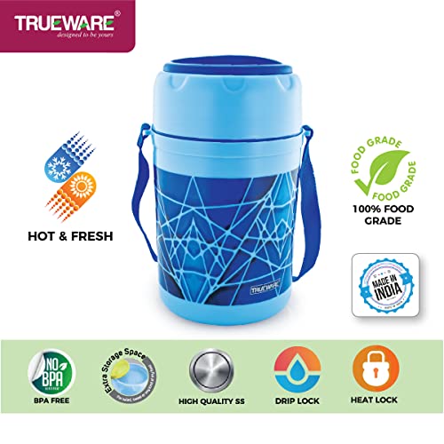 Image of Trueware Trendy 4 Inner Steel Outer Plastic thermoware Lunch Box | 4 Container 300 ML Each-Blue | PU Insulated | Lunch Box | Tiffin | Hot lunch box | Leak Proof | Easy to Carry | Hot & Cold Food Grade| BPA Free | Stainless Steel Dabbi | Office | Outdoors | For Men, Women, and Kids