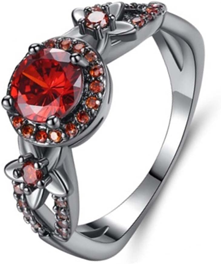 WDIYIEETN Fashion Jewelry Fire Opal CZ Round Red Ruby Ring 18k Black Gold Ring Black Gothic Ring Red Cubic Zirconia Crystal Diamond Flower Ring Wedding Jewelry for Women(10)