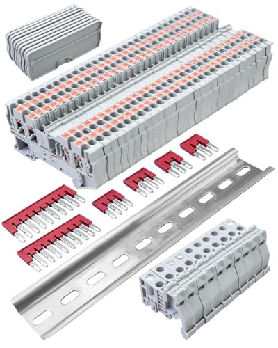 ST2-2.5/2x2 Twin Spring Terminal Connectors DIN Rail Terminal Block, Push in Type PT Screwless Wire Wiring Connector with 10 Covers 10 End Stops 6 Jumpers 56 Pcs