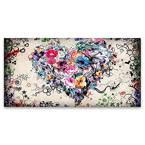Impression sur toile fleurs et coeur coloré pour décoration murale salon 50x100 cm