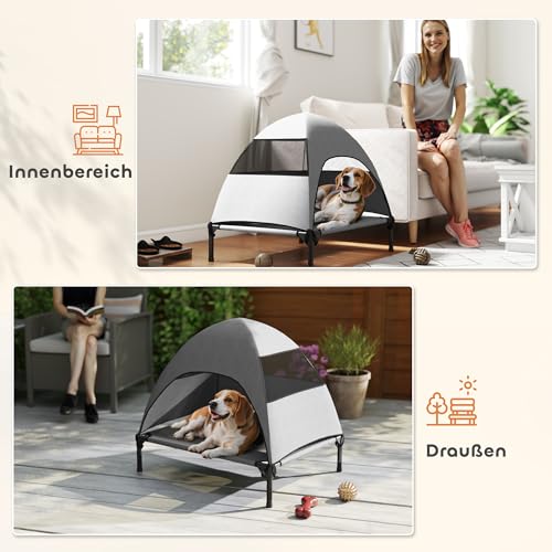 PawHut Hundeliege Outdoor mit Dach, Erhöhtes Hundebett für Mittelgroße Hunde, Kühlendes Haustierliege mit Waschbares Mesh Stahlrahmen Tragtasche, Haustierbett für Draußen Camping 76x61x71cm, Hellgrau