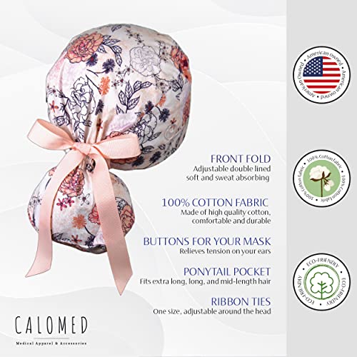 Image of Scrub Cap for Women and Men, Ponytail Scrub Caps, Working Hat, Head Cover with Ribbon Ties and Buttons, Long Hair