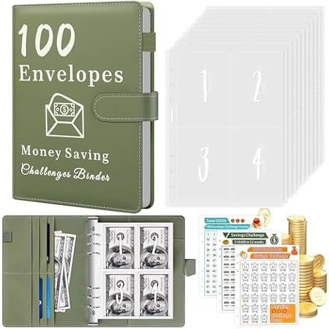 Huhuhero 100 Envelopes Money Saving Challenge, A5 Budget Binder with Cash Envelopes & 3 Budgeting Planner Trackers to Save $5,050, 10,400, 500, Money Savings Challenge Book for Organizer, OliveGreen Cover