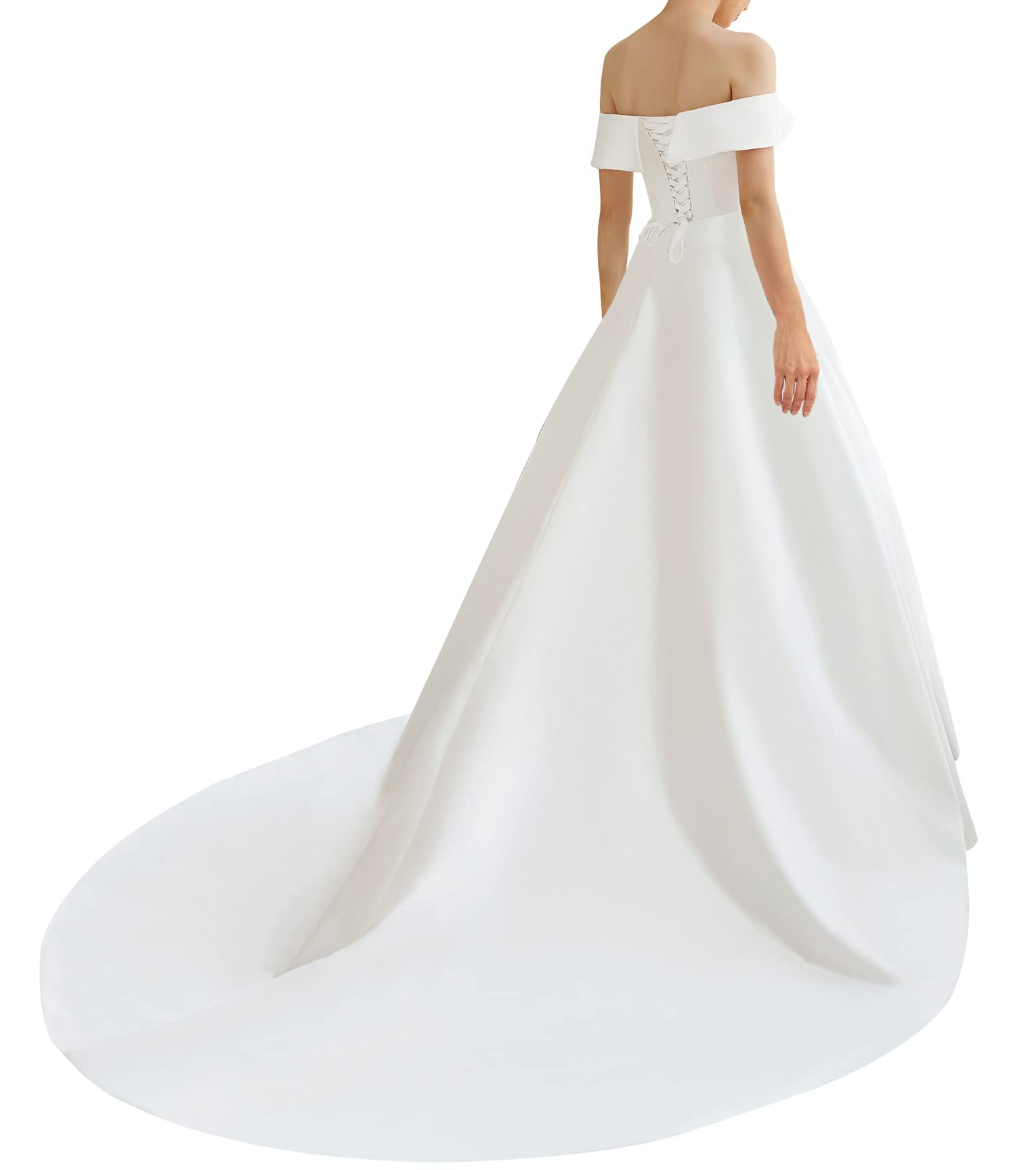 Satén de Vestido de Novia Femenino Retro con Hombro, Blanco, 34