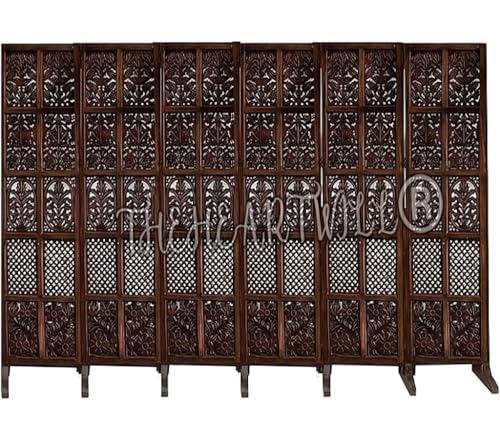 Image of THEHEARTWILL Partition Wall Divider | Wooden Partition for Hall, Living Room, Open Kitchen & Pooja Room | Room Divider 6 Panel with Stands | Room Separator (Brown-xs6)