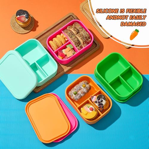 Image of Layhit 4 Pcs Silicone Bento Box for Adults, 27 oz Bento Lunch Container Reusable Food Container for Women Men, Leak Proof Microwave Dishwasher Freezer Safe (3 Compartments,Vivid Colors)