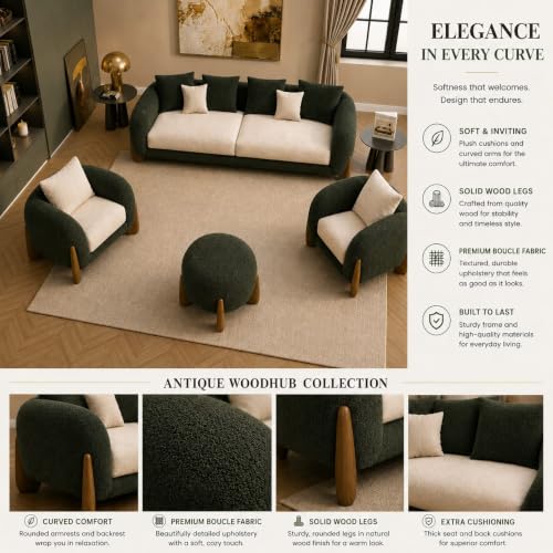 Image of Modern Boucle Sofa, Teddy Fabric, Solid Wooden Legs, for Living Room, Bedroom, Hallways (Forest Green & Off White)