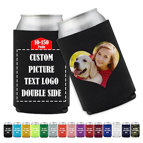 Custom Beer Can Coolers Sleeve Koo-zi Slim in Bulk, Add Your Picture Text on 12FL OZ Collapsible Soda Bottle Cover Coolies, DIY Personalized Sleeves for Weddings Bachelorette Parties, Black