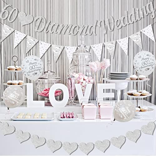 60th Wedding Anniversary Decorations Banners, 60th Diamond Wedding Glitter Banners, 60th Anniversary Bunting Flag and Balloons for Anniversary Party Supplies