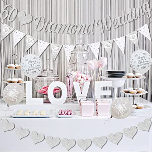 Fangleland 60th Diamond Wedding Anniversary Decorations, Silver Glitter Banner Bunting Flag Garland and Balloons for 60 Years Anniversary Party Supplies by Fangleland - Image 2