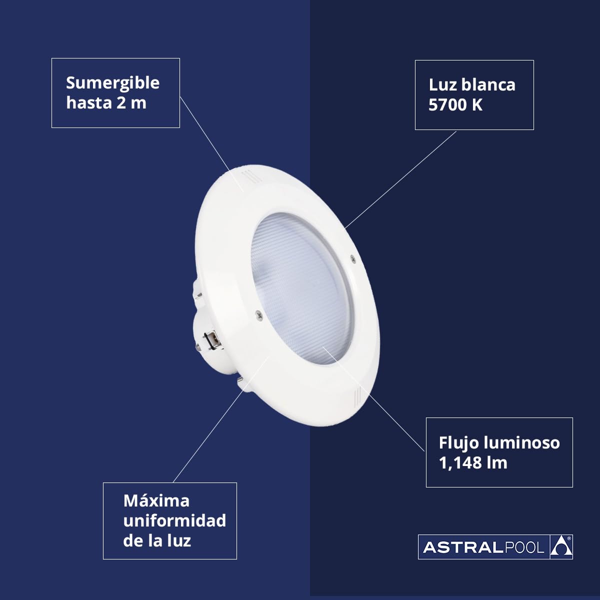 Proyector de Luz LED Blanca para Piscina Subacuática PAR56 - 14,5W (20VA) - Bajo Consumo de Energía - Potente Iluminación para Piscinas - AstralPool