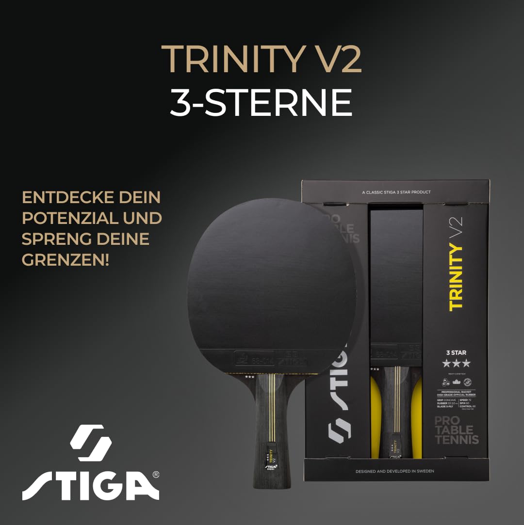 STIGA Trinity V2 Tischtennisschläger – 3 Sterne Tischtennisholz, ITTF-zugelassener Belag, Ergonomischer Griff – für Offensive Spieler, Schwarz