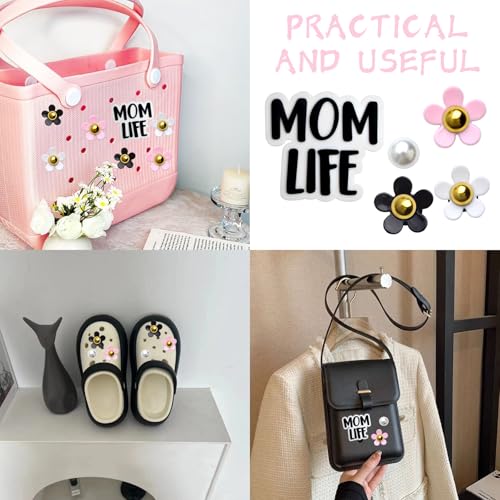 24pcs Bogg Bag Charm Accessories, White Pearls Flowers Decoration Charms, Black Momlife Insert Charm Clasp, Women Gifts for Simply Southern Beach Tote Handbags4