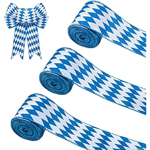Wehhbtye 20 Yard Oktoberfest Wired Edge Ribbon - 2.5Inch Blue and White Diamond Check Wired Edge Ribbon Oktoberfest Bavarian Gingham Decorative Ribbon for DIY Craft Wrapping Bow Home Party Decor Cover