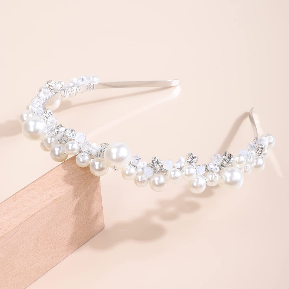 JWICOS Silver Bridal Headband Pearl Tiara for Women Rhinestone Wedding Hair Accessories for Brides and Bridesmaid Headpieces for Prom Pageant Birthday
