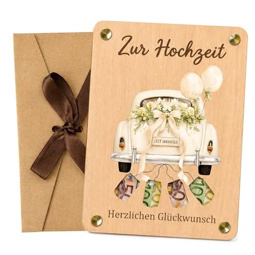 QijAOPD Hochzeitskarte Geldgeschenk Holz, Karte Hochzeit Auto Motiv, Hochzeitsgeschenke für Brautpaar mit Umschlag, Geldgeschenke Verpackung, Glückwunschkarte zur Vermählung für Eheleute Feier