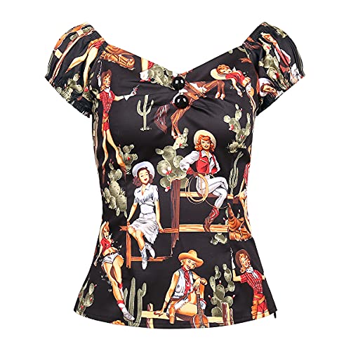 Image of YARN & INK Women's Rockabilly Tops 1950s Pinup Shirt Casual Off Shoulder Vintage Blouse