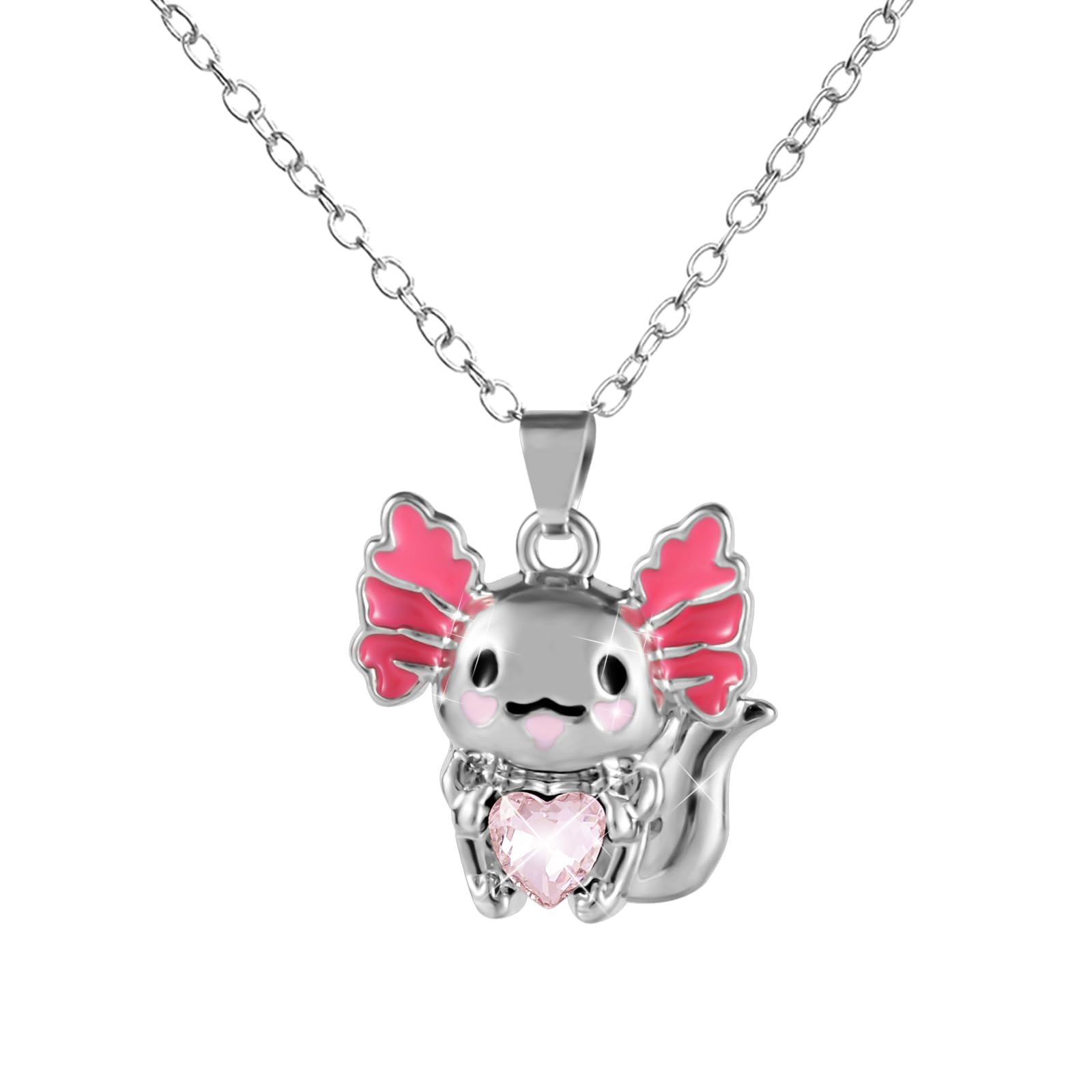 Collana Axolotl In Argento 925 Con Ciondolo A Forma Di Axolotl E Cristallo Rosa, Ipoallergenica, Catena 45 Cm, Regalo Per Bambina