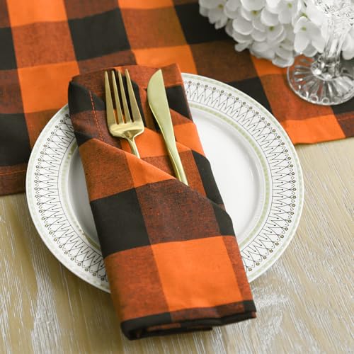 Image of Halloween Cloth Napkins Set of 12, Orange and Black, 18 x 18 Inch, Buffalo Plaid Table Napkins, Washable Reusable Dinner Napkins for Restaurant, Family Dining, Indoor & Outdoor Party Table Decor