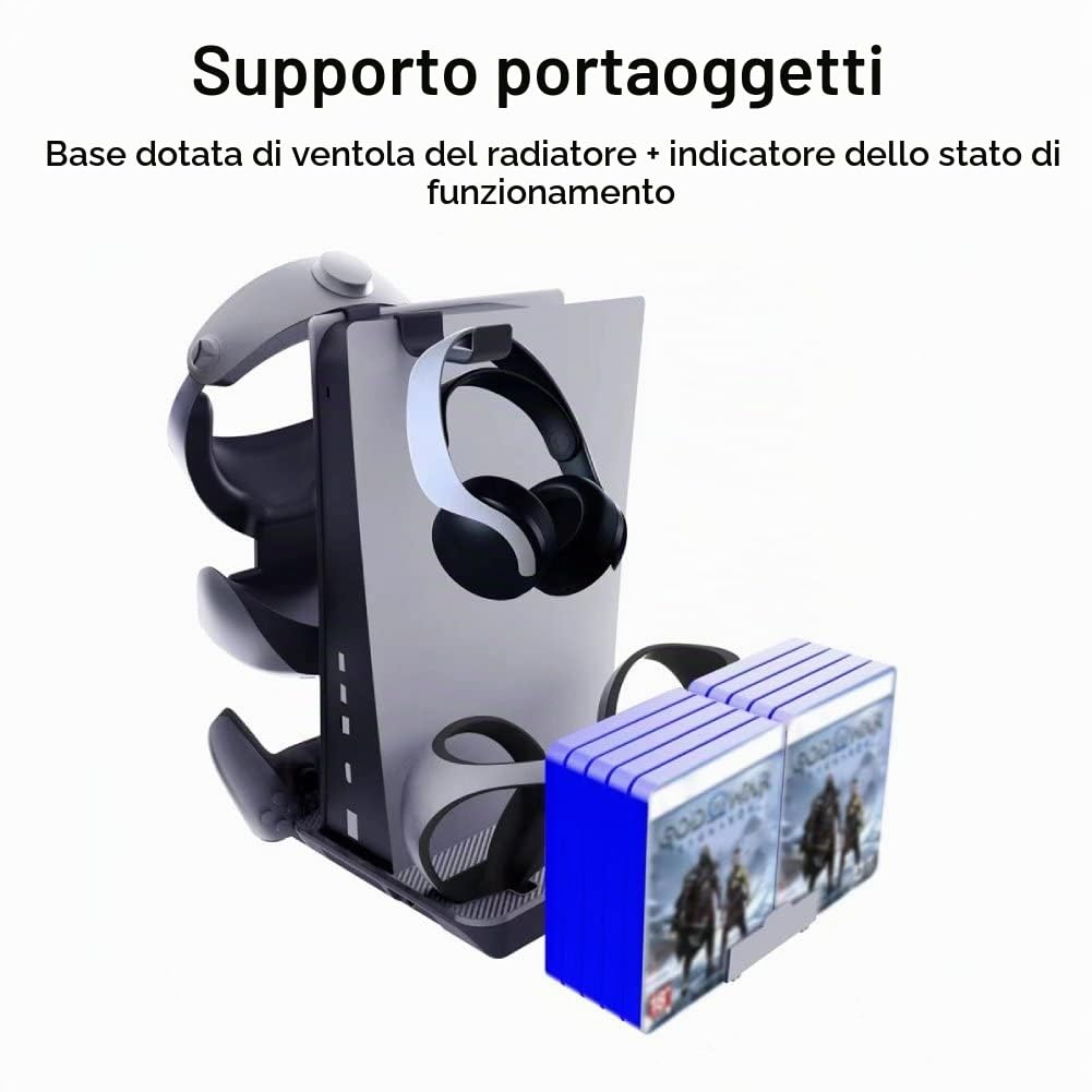 Supporto di ricarica multifunzionale di raffreddamento compatibile con console PS5 con stazione di ricarica a doppio controller VR2 per dock di ricarica con maniglia PS VR2