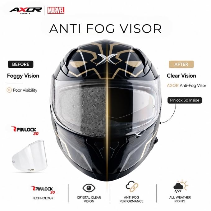 Image of Axor Apex Marvel Black Panther ISI ECE and DOT Certified Full Face Helmet for Men and Women with Dual Visors-Black Gold-L