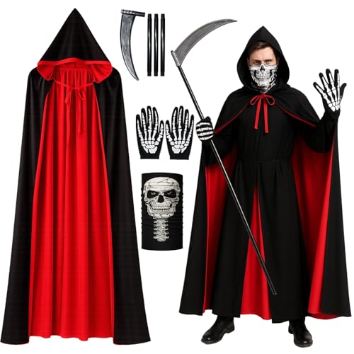 DvBCNMe Halloween Kostüm Herren Sensenmann Kostüm Set mit Umhang Sense Maske und Handschuhen Gruseliges Kostüm für Erwachsene Halloween Party Karneval Cosplay