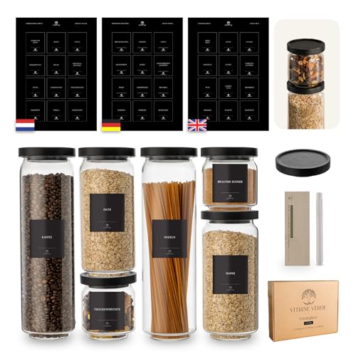 Vitrine Verde Vorratsdosen mit Deckel Luftdicht (6er Set) – Glasbehälter mit Deckel & Vorratsgläser mit Schwarzen Holzdeckeln – Premium Küchen Organizer für Lebensmittel – Stapelbar inkl. Etiketten