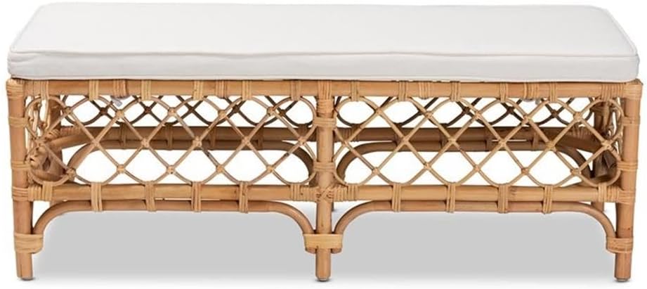 BOWERY HILL Living Room Bench, Natural Rattan Frame with White Fabric Upholstered Seat, 48 in Wide x 18 in Deep x 18 in High, Bohemian Style Accent Bench, Fully Assembled, Made in Indonesia
