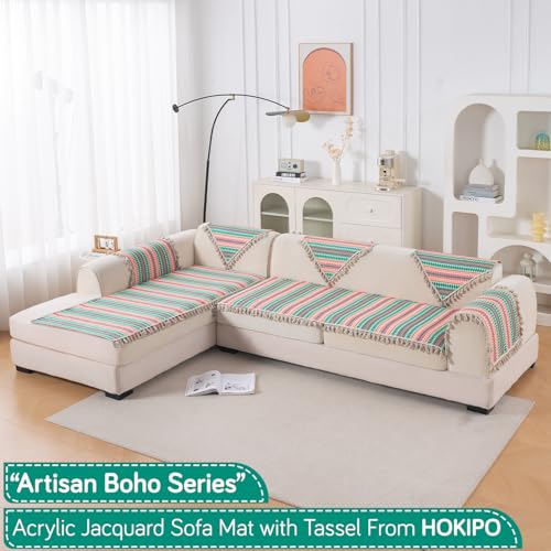 Image of HOKIPO 'Artisan Boho Series' L Shape (2+2 Seater) Sofa Cover Seat Mat | 450 GSM Cotton Acrylic Jacquard Fabric with Tassel, Mint Green (IN-902+903-A7)