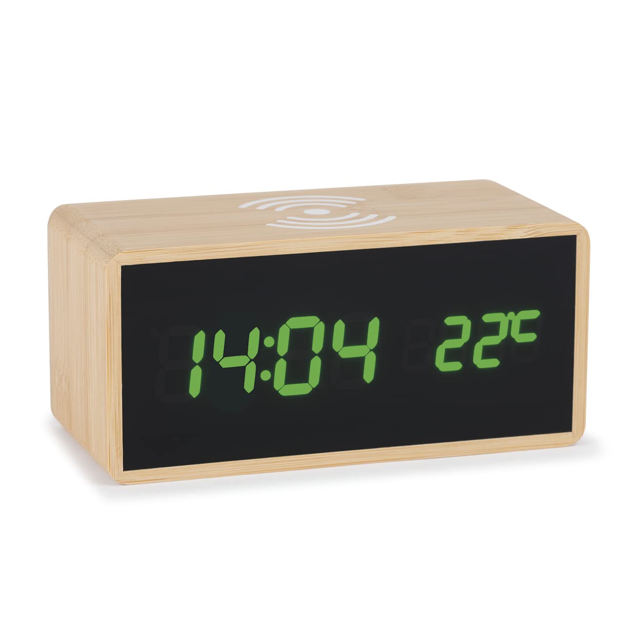 AtlantaDigital-Wecker LED Anzeige mit Wireless Charging Induktiv Ladefunktion Bambus Gehäuse - 2602, 16 x 7 x 7 cm