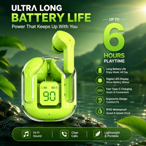 Image of NADITI Wireless Bluetooth Earbuds with Digital Display Charging Case | Touch Control TWS Earphones with HD Sound & Deep Bass | Noise Isolation Earbuds for Music, Calls, Gaming & Sports (Green)