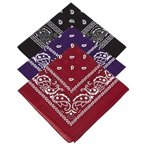 Set of 3 X Handkerchiefs with paisley design for Men Women Children hankie Neckerchief/Bandanna/Bandana Head/Neck Scarf/Headtie/Head Tie 100% Cotton (Black,Purple,Maroon) Cover