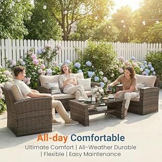 Wisteria Lane 4 Piece Patio Furniture Set, Wicker Outdoor Patio Conversation Furniture Set, All Weather Outdoor Patio Sofa with Cushion and Glass Table, Brown