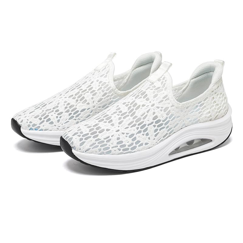 RZDYSQ Women's Floral Embroidery Lace Mesh Air Cushion Sneakers, Orthopedic Breathable Slip On Platform Loafers (White,US-6.5)