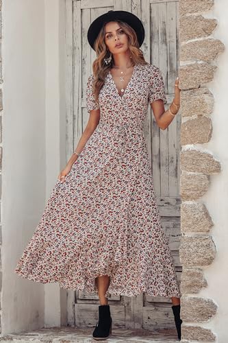 Image of PRETTYGARDEN Women's Summer Wrap Maxi Dress Casual Boho Floral V Neck Short Sleeve Ruffle Hem Split Beach Long Dresses