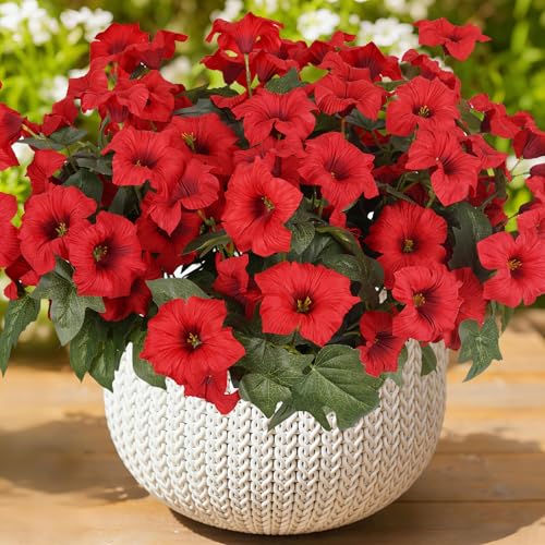 Image of Artificial Flowers for Outdoors, Faux Petunias Spring Summer Decoration, Fake Flowers Plants UV Resistant Look Real Silk Flowers for Outside Planter Front Door Porch Patio Yard (12, Red)
