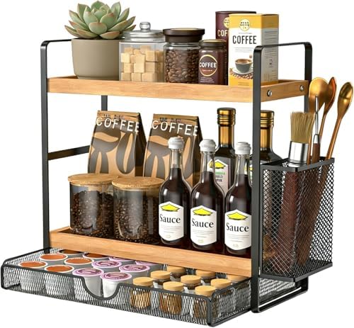 2 Tier Spice Rack Organizer for Countertop with Drawer and Basket...