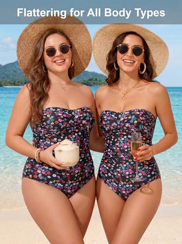 Image of Smismivo Tummy Control Swimwear Strapless One Piece Swimsuit Ruched Bathing Suits for Women Slimming Bandeau Tube Top Bikini