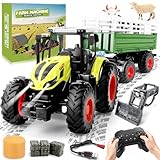 YOOHBERRYS Ferngesteuerter Traktor Ferngesteuert, RC Traktor mit Elektrischer Anhänger und Licht, Trecker Spielzeug mit Greifer, Rindern und Heuballen, Geschenk für Kinder ab 4 5 6 Jahre