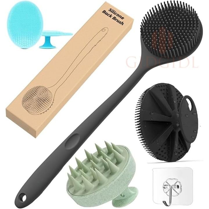 Snika Soft Silicone Back Scrubber Long Handle Bath Brush + Body Scrubber Bath Brush + Scalp Massager for Hair + Face Scrubber Brush, Combination Combo, Super-Exfoliating & Lathering Body Scrubber, Shower Brush | BPA-Free | for Men and Women (With A Free Hook 3-pic)