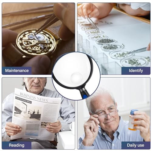 Image of Feosky Handheld Reading Magnifier, 10X Magnifier, 75mm Shatterproof Lens, Non-Slip Handle for Adults Close Work, Hobbies and Halloween & Cosplay(Blue /Black)