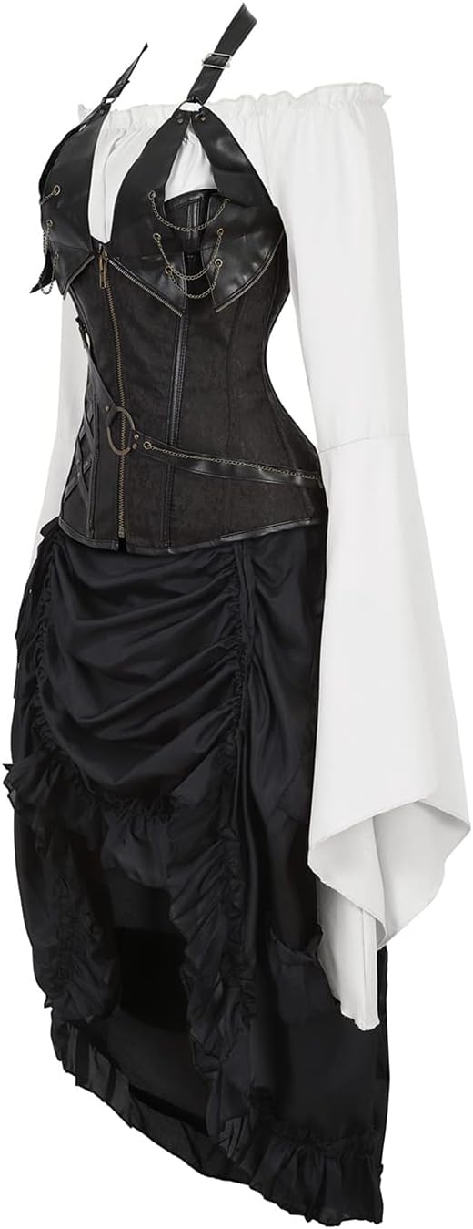 Hengzhifeng Women Steampunk Leather Corsets Tops with Pirate Skirt and White Off Shoulder Blouse