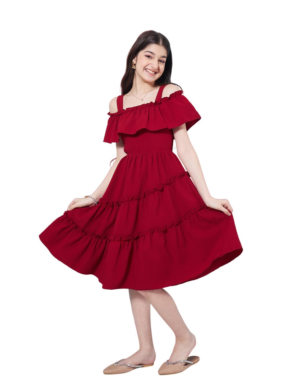 Pspeaches Girl's Shoulder Straps Cold-Shoulder Fit Flare Dress Purple Color Effortlessly Fashionable & Trendy (14-15Years)