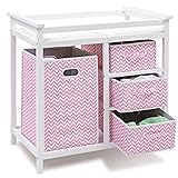 Costzon Baby Changing Table, Infant Diaper Changing Table Organization, Diaper Storage Nursery Station with Hamper and 3 Baskets (White+Pink)