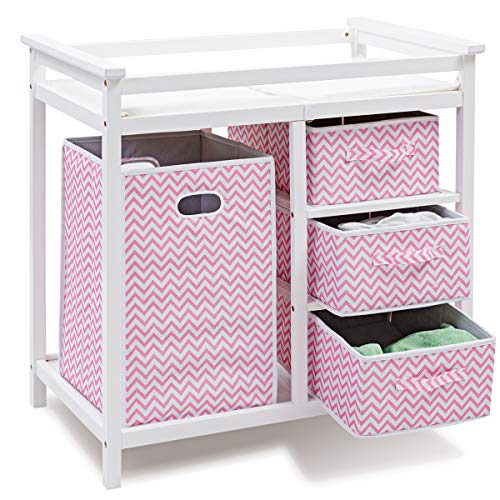 Costzon Baby Changing Table, Infant Diaper Changing Table Organization, Diaper Storage Nursery Station with Hamper and 3 Baskets (White+Pink)