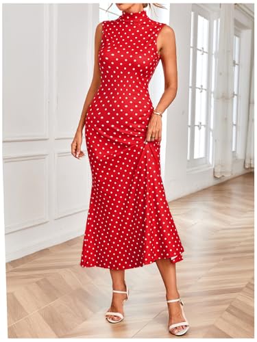 Image of Milumia Women's Polka Dots Maxi Tank Dress Vintage Mock Neck Sleeveless Elegant Long Dresses