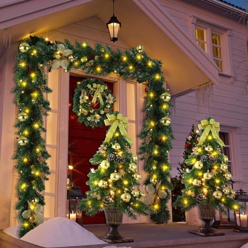 Yuxung 4 Piece Pre Lit Gold Christmas Garland and Wreath Set 3 ft Entrance Trees 17.72\" Front Door Christmas Wreath 7.87 ft Xmas Garland with Lights for Porch Holiday Decorations