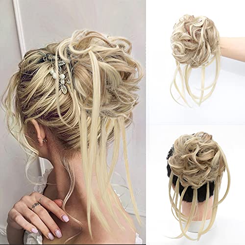 MSCHARM Messy Bun Hair Piece Extre Long Tousled Updo Hair Buns Hair Piece Wavy Messy Hair Bun Scrunchies for Women Synthetic Messy Curly Hair Bun Scrunchie Extensions with Elastic Rubber Band Ponytail Hair Accessories (Golden Blonde Mix Bleach Blonde